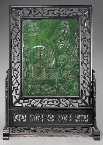 Appraisal: A large 'spinach' jade rectangular plaque with wood frame and