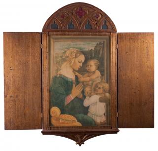 Appraisal: Triptych Frame with Madonna Christ Child Print Ornate Gothic triptych