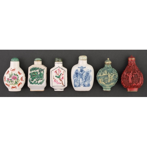 Appraisal: Five Chinese famille rose and blue and white snuff bottles