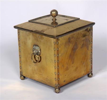 Appraisal: A brass coal bucket of square form with beaded frieze