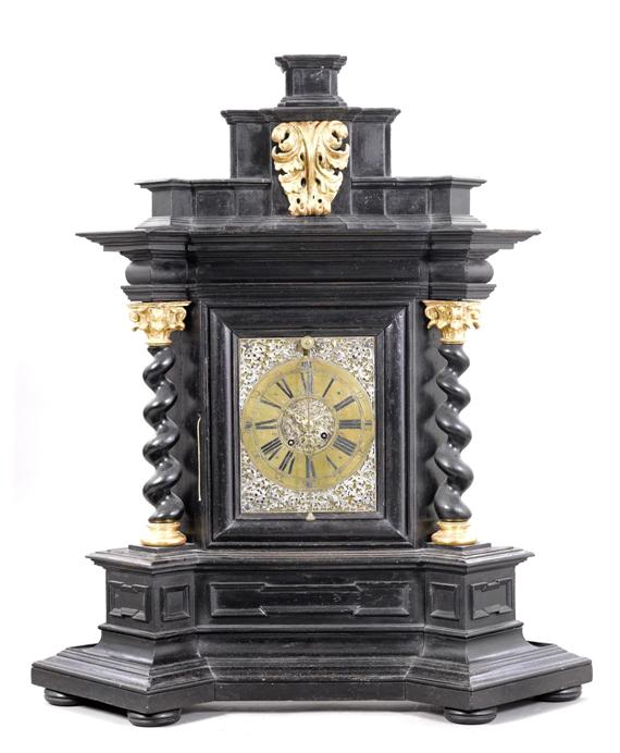 Appraisal: CLOCK Baroque southern Germany circa Blackened carved and parcel gilt