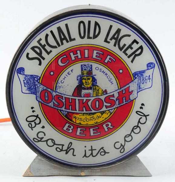 Appraisal: Chief Oshkosh Beer Reverse Glass Light-Up Sign Drum type style