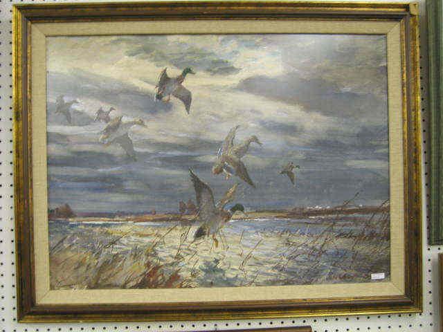 Appraisal: John Wharf Watercolor of Mallards in Flight proceeds benefit the