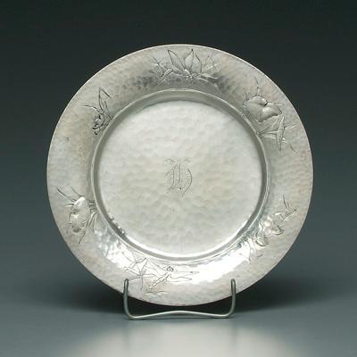 Appraisal: Japanese style sterling plate round with hammered finish raised dragonfly