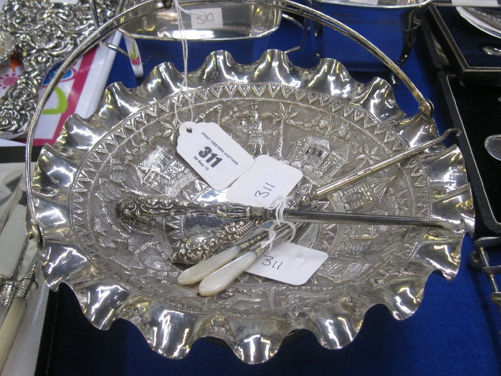 Appraisal: Lot comprising Eastern white metal basket two buttonhooks and two