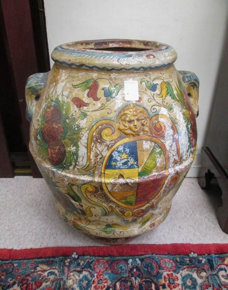 Appraisal: PAINT DECORATED CLAY POTTERY WINE JAR Italian th century a