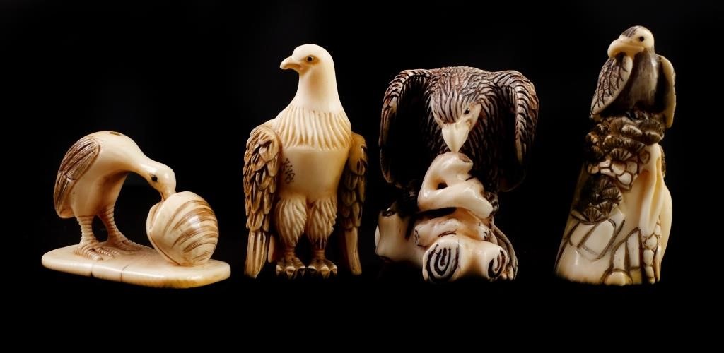 Appraisal: Four carved Japanese netsukes including eagles and possibly a seagull