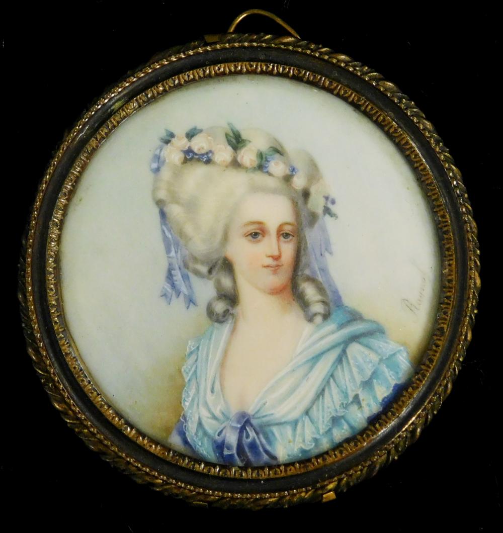 Appraisal: MINIATURE Woman probably French on round support elaborate powdered wig