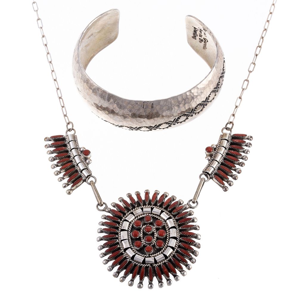 Appraisal: A Sterling Coral Zuni Necklace Simon Garcia Cuff Sterling silver