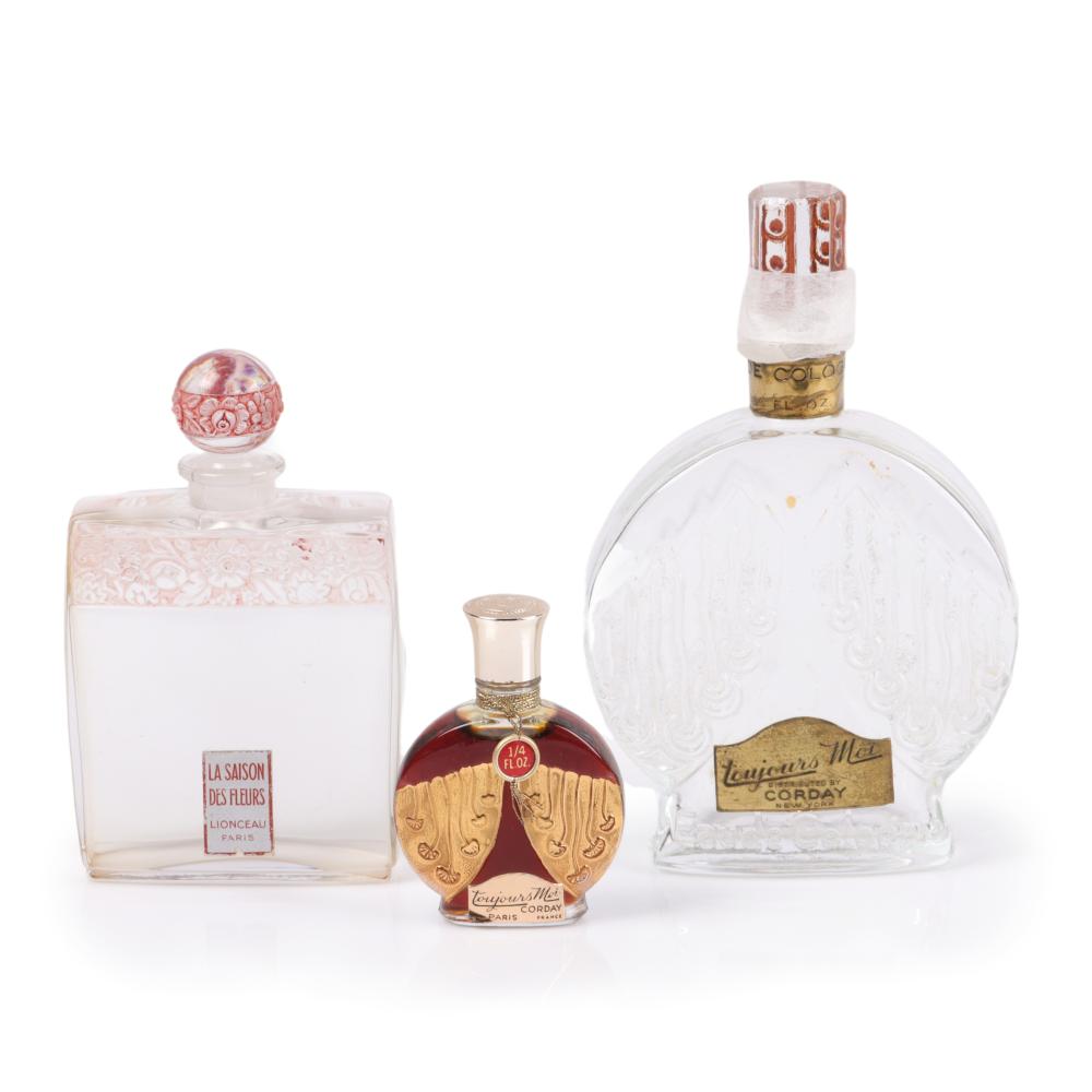 Appraisal: THREE PERFUME BOTTLES ONE LARGE ONE SMALL CORDAY TOUJOURS MOI