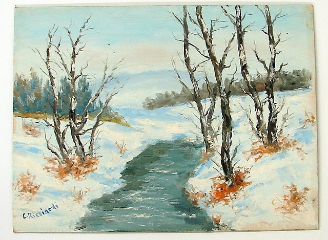 Appraisal: Stream in winter landscape oil on board x SLL C