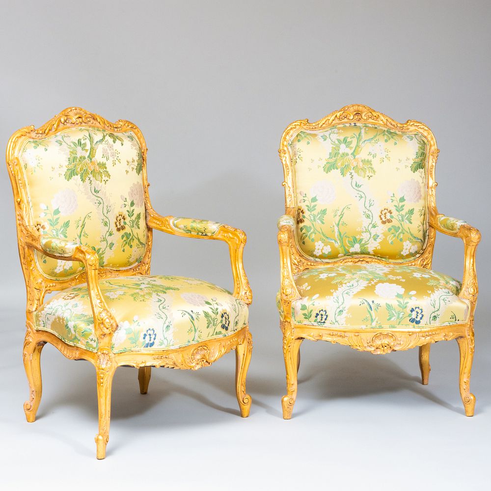 Appraisal: Pair of Louis XV Style Giltwood Fauteuils la Reine of