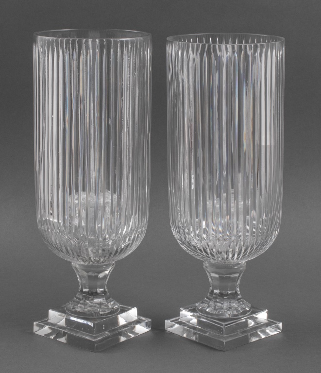 Appraisal: CONTEMPORARY CUT-GLASS HURRICANES PAIR Contemporary cut-glass hurricanes with candleholders set