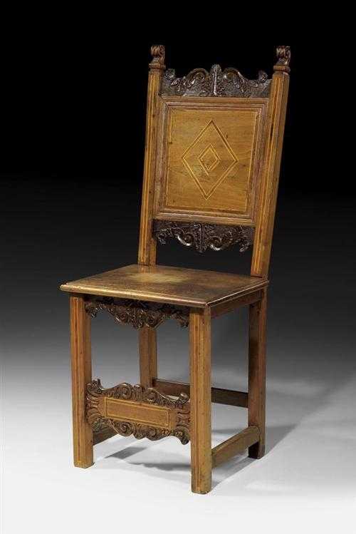 Appraisal: CHAIR early Baroque Italy th century Walnut and fruitwoods inlaid