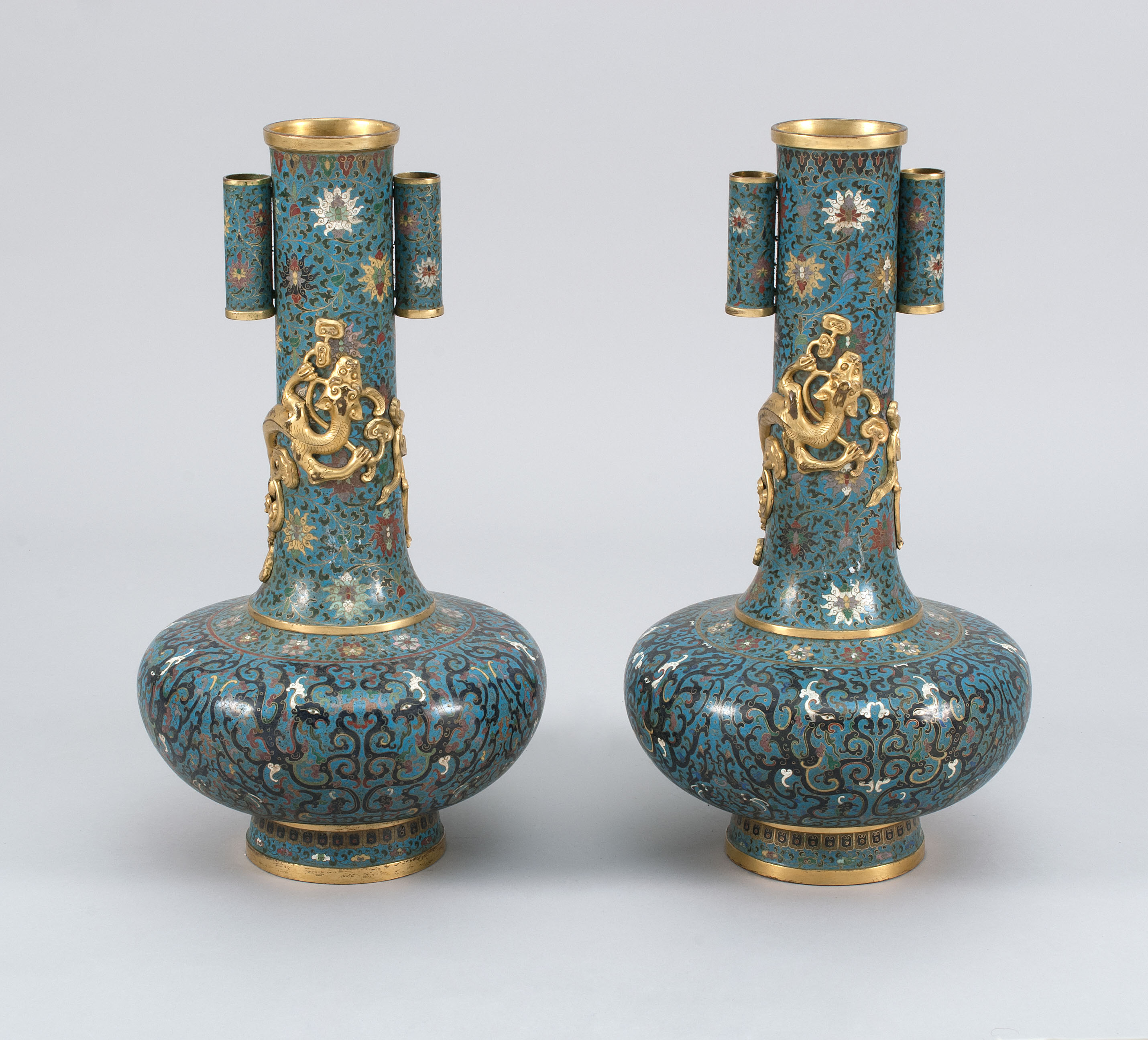 Appraisal: PAIR OF CLOISONN ENAMEL VASES th CenturyIn ovoid form with