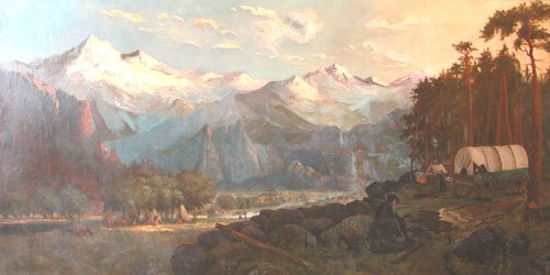 Appraisal: Extensive Rocky Landscape with Pioneers and Native Americans Oil on