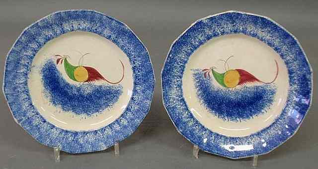 Appraisal: Pair of peafowl blue spatterware plates early th c dia