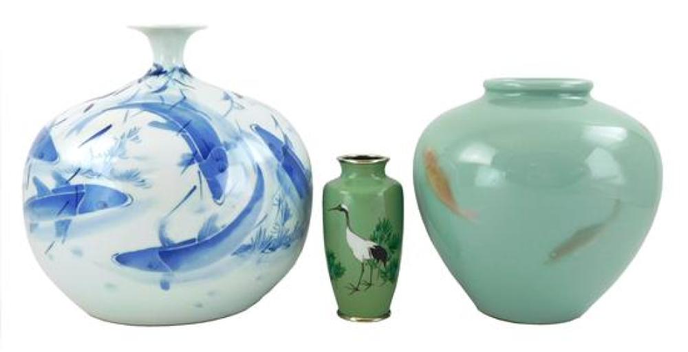 Appraisal: ASIAN Three modern vases one white and blue with Koi