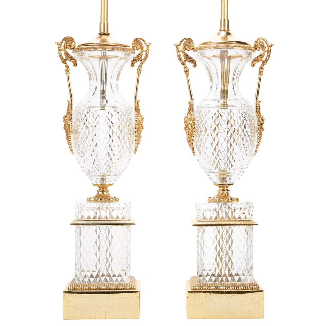 Appraisal: Pair of Empire Style Gilt-Metal Mounted Cut Glass Lamps Last