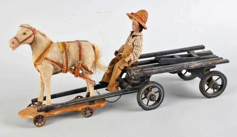 Appraisal: Hide Covered Horse Pull Toy with Wagon Doll Wooden wagon