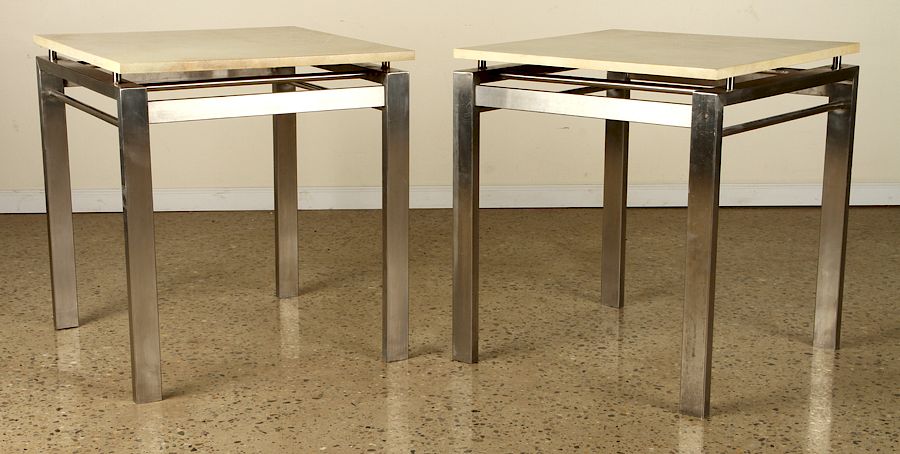 Appraisal: PAIR SOPHISTICATED STEEL END TABLES PARCHMENT TOP A pair of