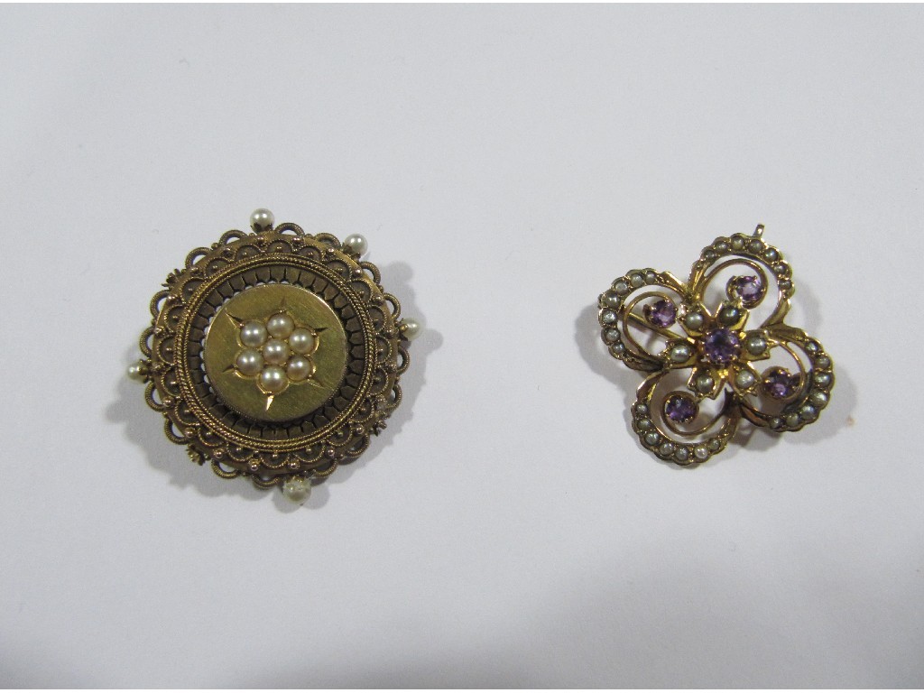 Appraisal: Lot comprising two Victorian gold brooches one with pearls the