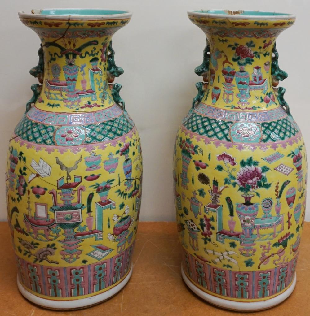 Appraisal: Pair Chinese Famille Jaune Vases repaired H in cm