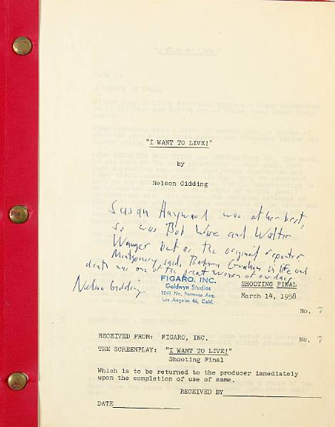 Appraisal: A signed script from I Want to Live United Artists