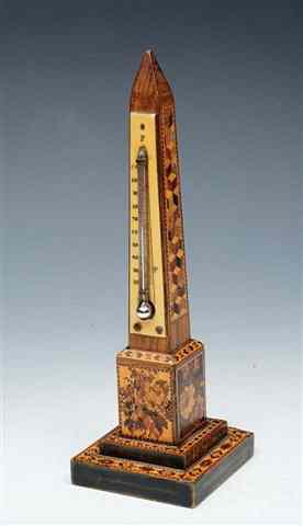 Appraisal: A TUNBRIDGEWARE THERMOMETER in the form of Cleopatra's needle decorated