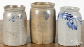 Appraisal: Three Pennsylvania stoneware jars th c with cobalt floral decoration