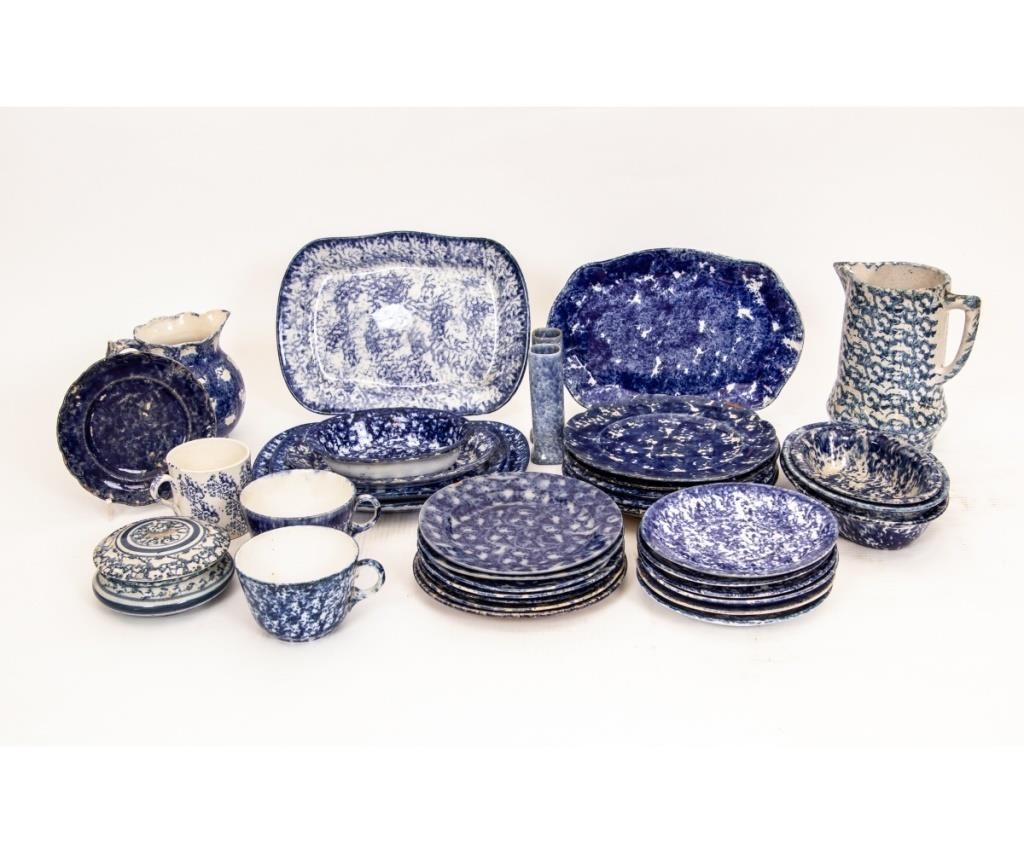 Appraisal: Blue spongeware tableware to include plates platters oval vegetable dishes