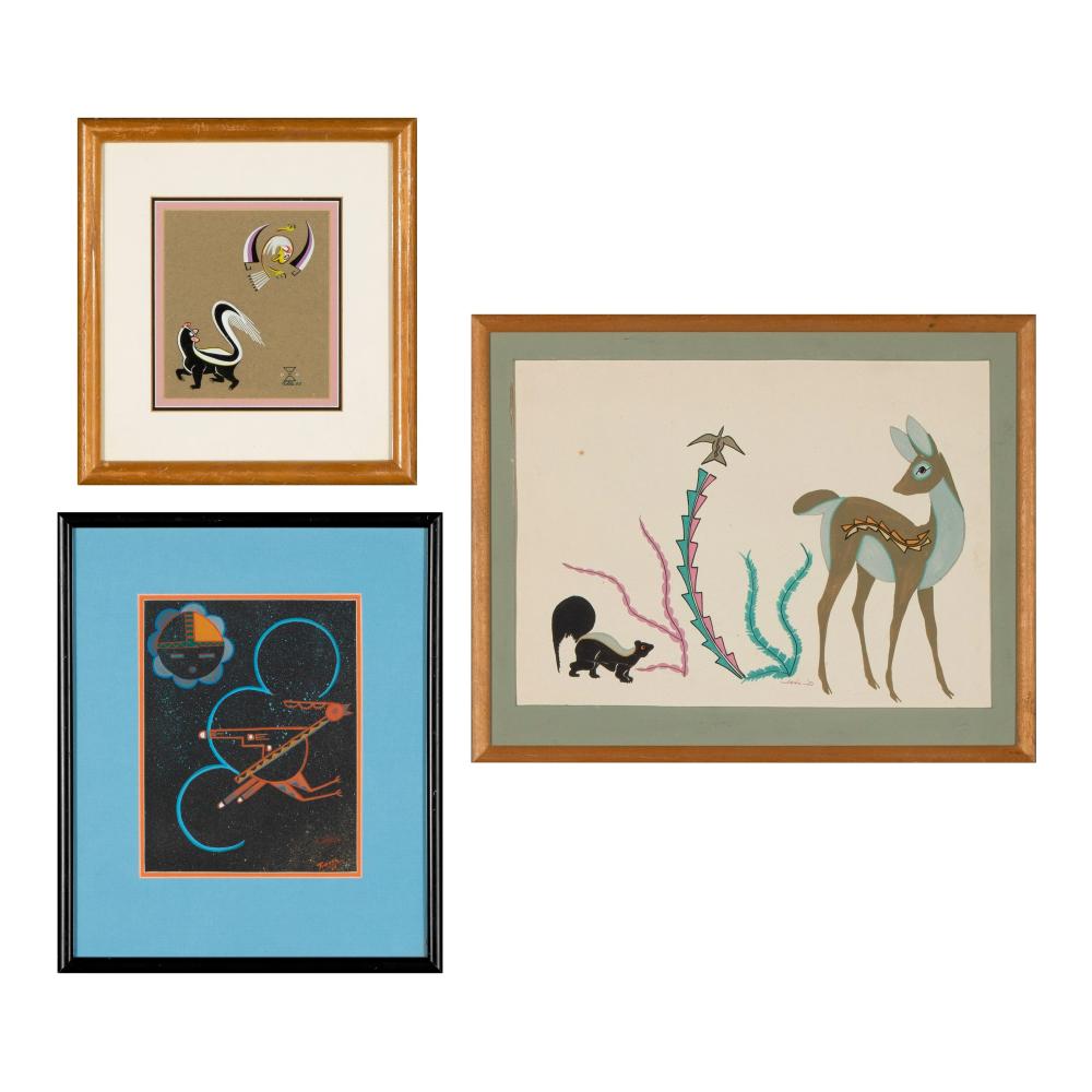 Appraisal: GROUP OF THREE PAINTINGS SKUNK DEER AND SKUNK ROADRUNNERGroup of