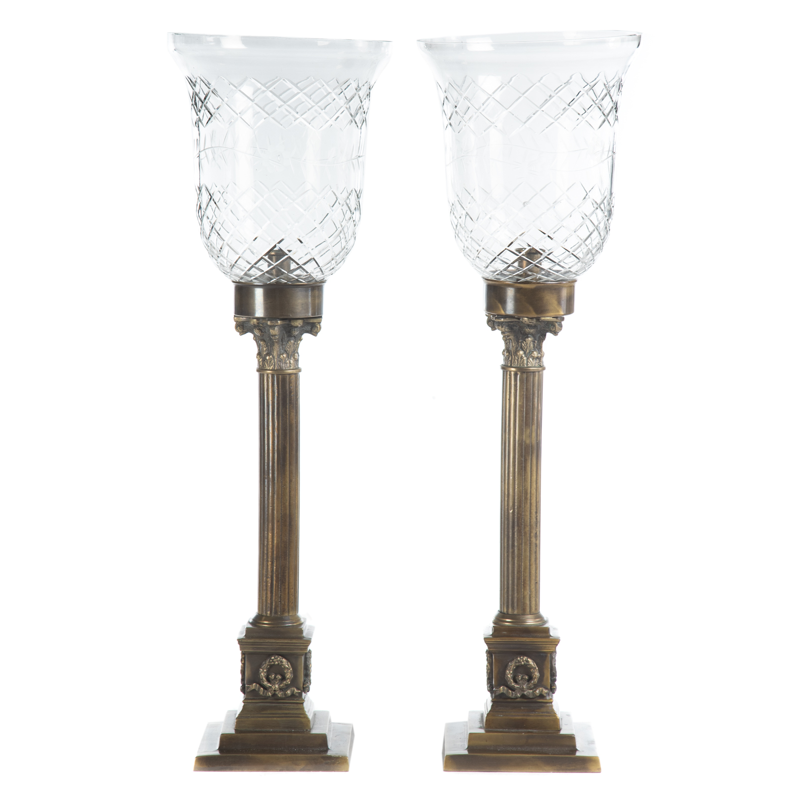 Appraisal: PR CLASSICAL STYLE BRONZE CRYSTAL BANQUET LAMPS Corinthian style bronze