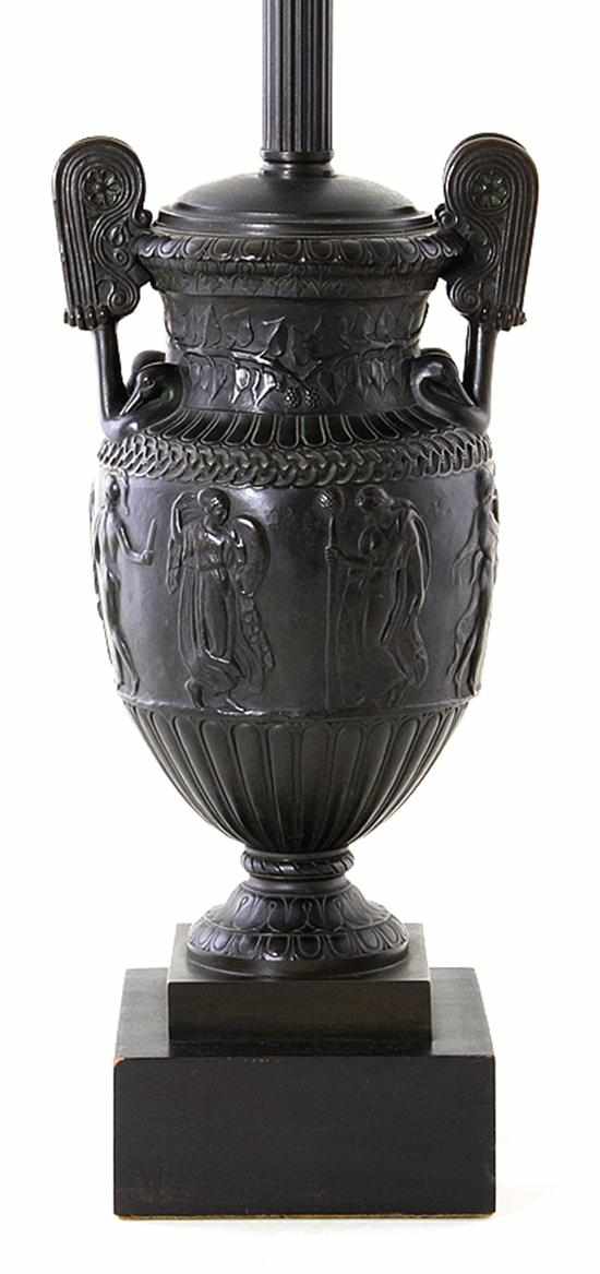 Appraisal: Neoclassical bronze urn on marble Sosibios vase mounted as lamp