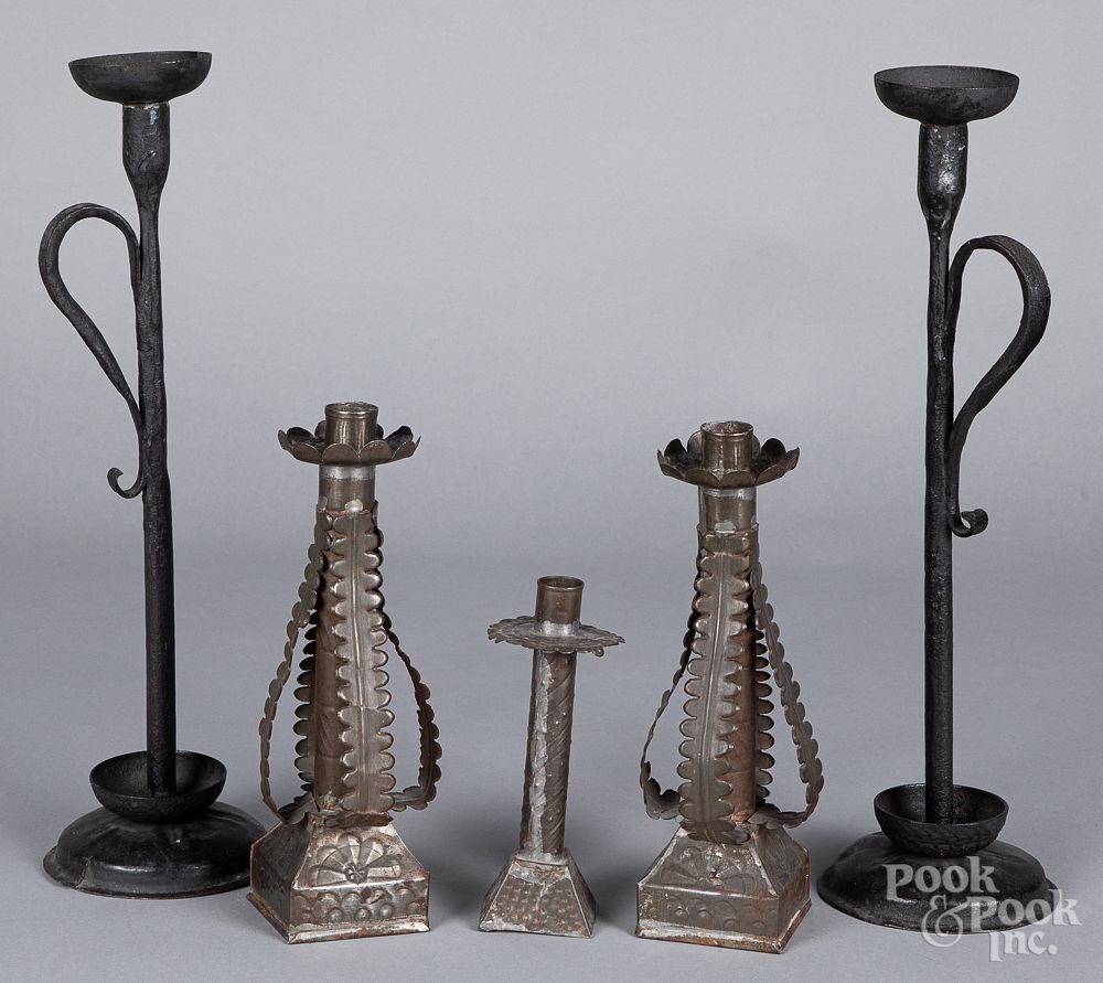 Appraisal: Pair of primitive iron candlesticks etc Pair of primitive iron