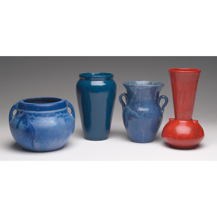 Appraisal: Art Pottery vases four three with multi-toned blue matte glazes