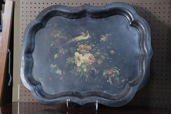 Appraisal: TOLE TRAY Polychrome paint decorated tole tray depicting flowers surmounted