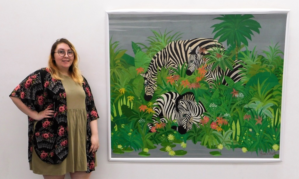 Appraisal: RUSS ELLIOT MONUMENTAL ZEBRA PAINTING United States th Century Depicts