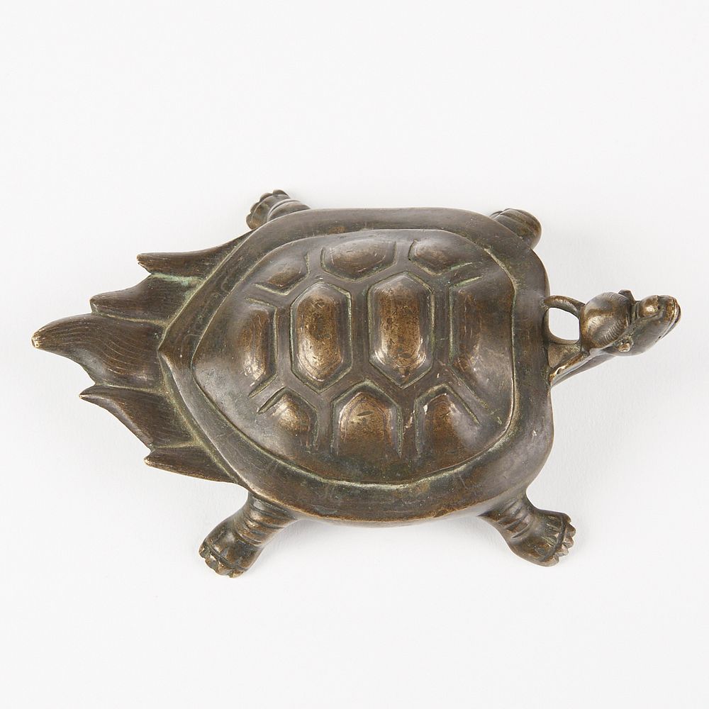 Appraisal: th c Chinese Bronze Turtle w Silver Inlay - Scroll