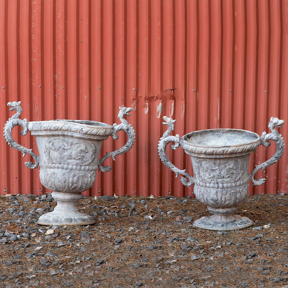 Appraisal: Pair of Lead Two Handled Garden Urns in high Property