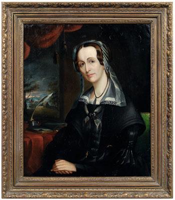 Appraisal: American School portrait woman beside a window quill and book