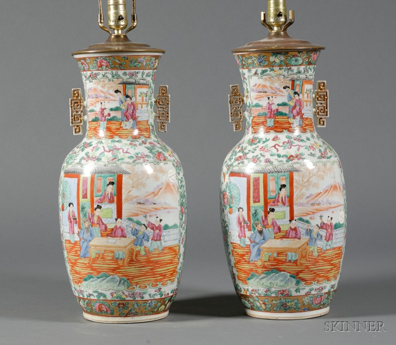 Appraisal: Pair of Large Rose Mandarin Porcelain Lamp Bases early th