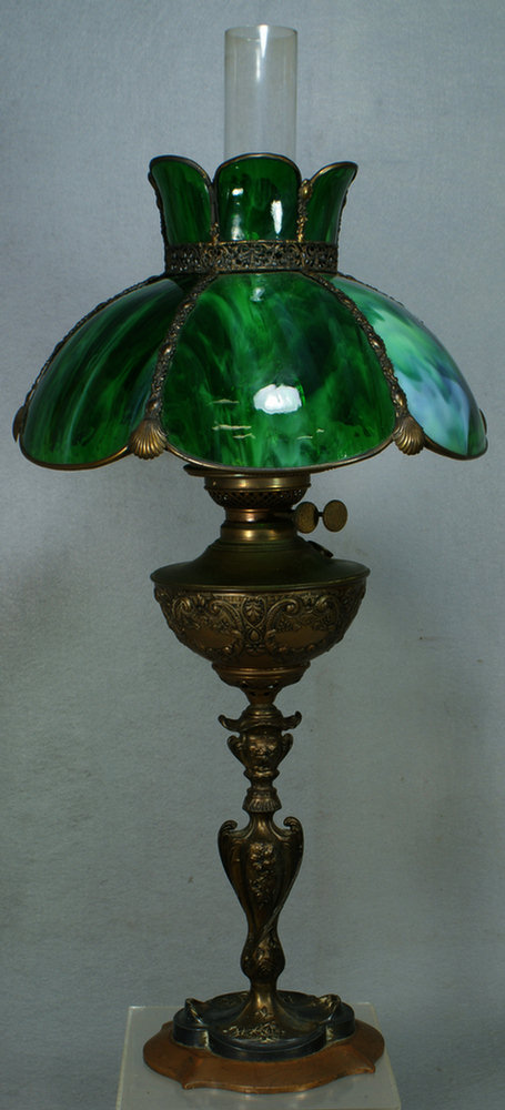 Appraisal: Parker brass art nouveau kerosene banquet lamp with green paneled