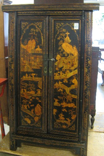 Appraisal: CHINESE MING-STYLE CABINET the tapered front with pictorial gold decoration