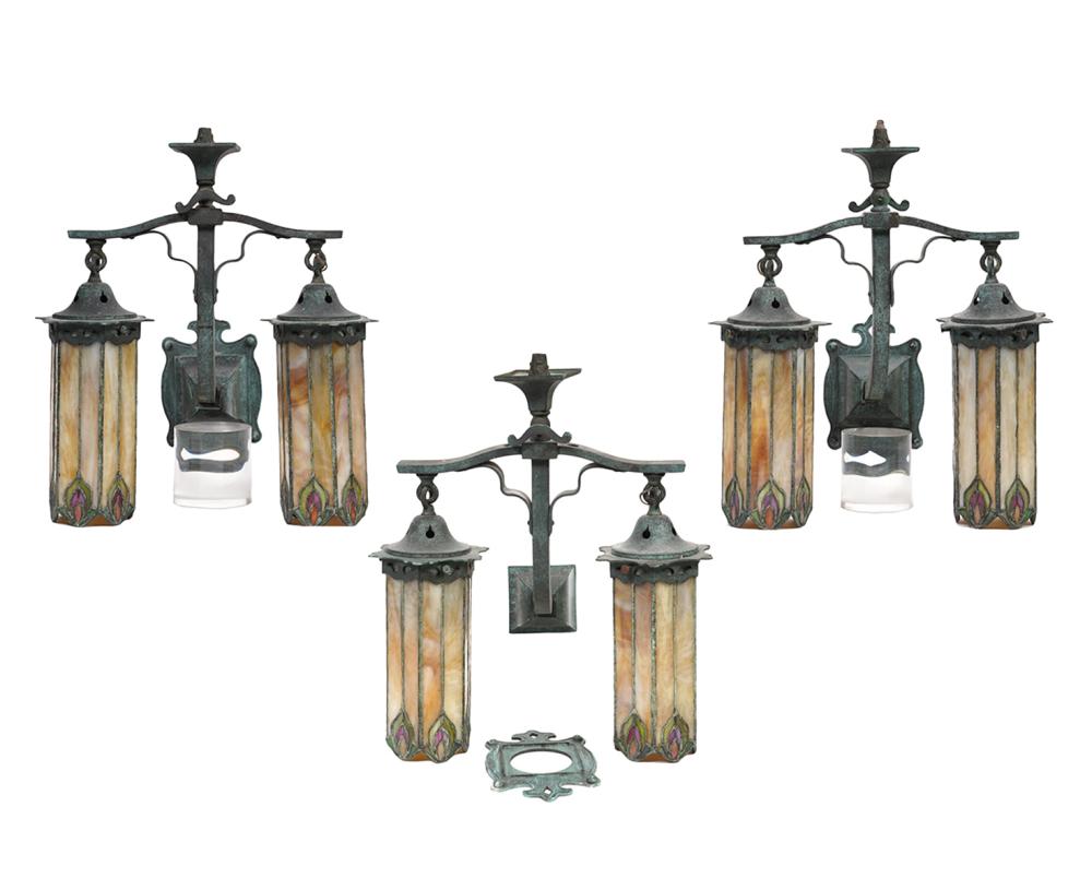 Appraisal: SET OF TIFFANY STYLE SCONCES Bronze mounted Tiffany style sconces