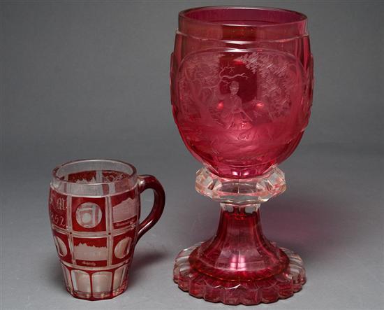 Appraisal: Bohemian cranberry etched cut-to-clear glass sweet meat urn and similar