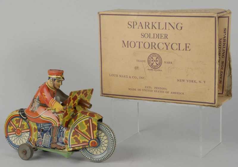 Appraisal: Tin Litho Marx Soldier Motorcycle Wind-Up Toy Description American Working