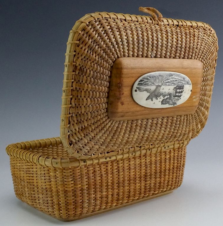 Appraisal: Vintage Hand Crafted Nantucket Carved Bone Basket Vintage Nantucket basket