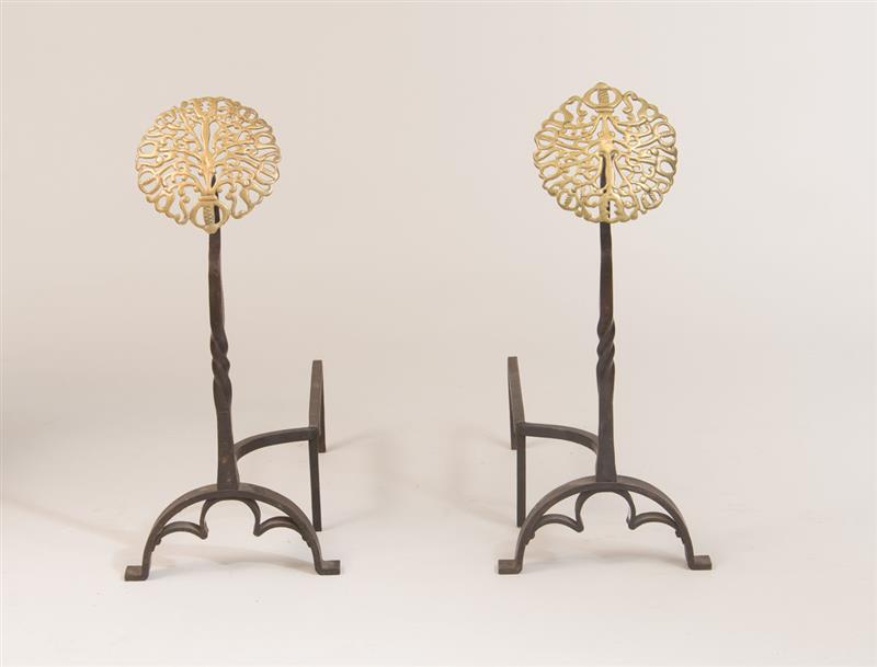 Appraisal: PAIR OF ENGLISH ARTS AND CRAFTS BRASS AND IRON ANDIRONS