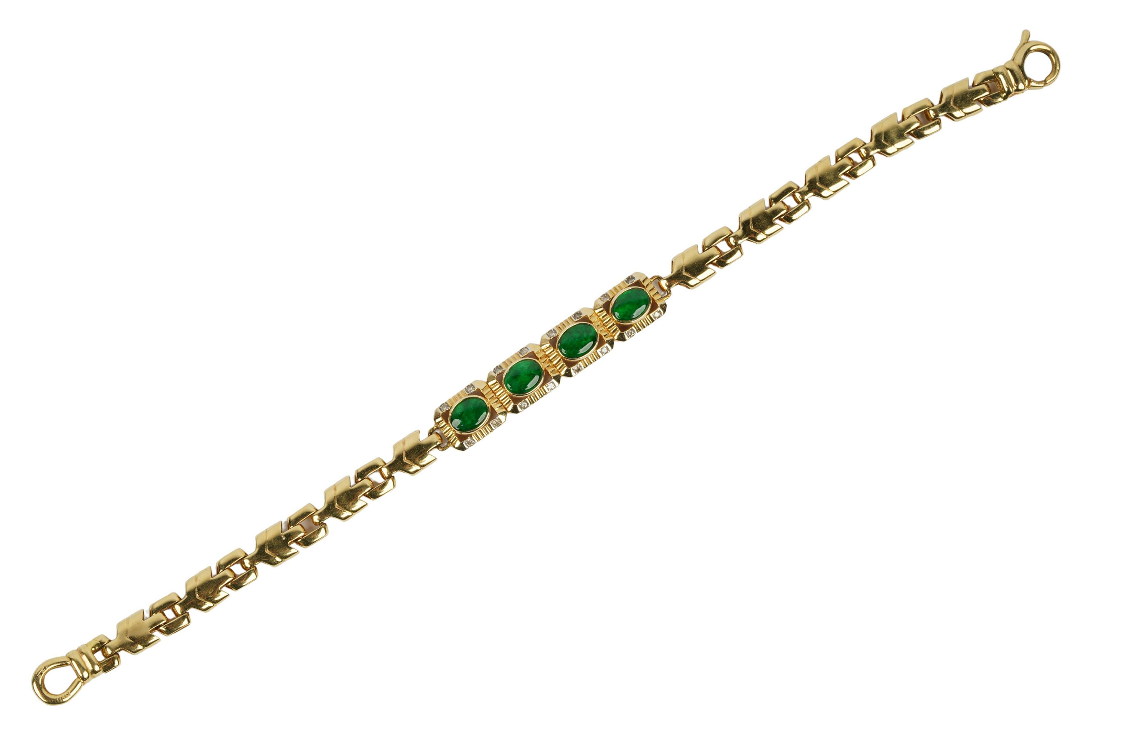 Appraisal: KARAT YELLOW GOLD JADE DIAMOND BRACELET containing four oval cabochon